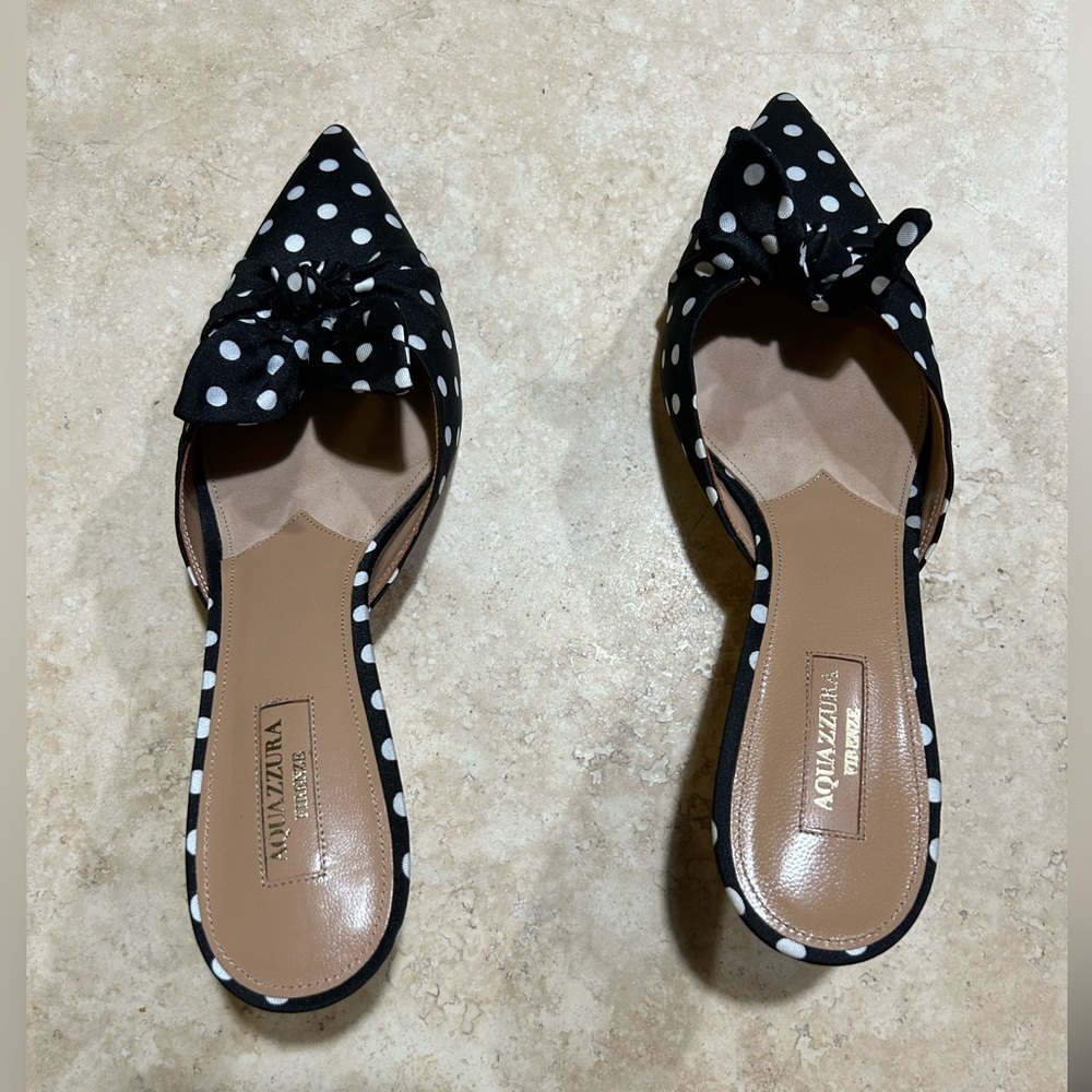 Aquazurra mules in black and white polka dot